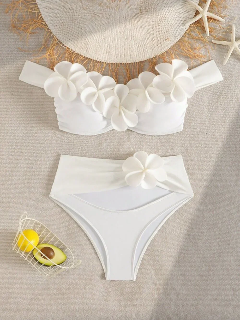 White Floral 3D Women's Sexy Beach Party Outfit Bikini Set